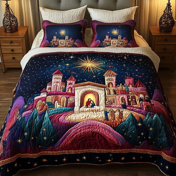 Christmas Glory quilted 3-piece bedding set on a made bed in a winter-styled bedroom