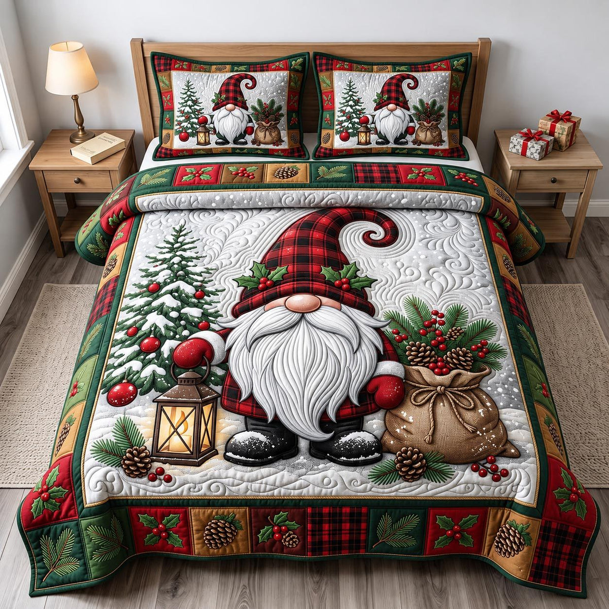 Christmas Gnome quilted 3-piece bedding set on a made bed in a winter-styled bedroom