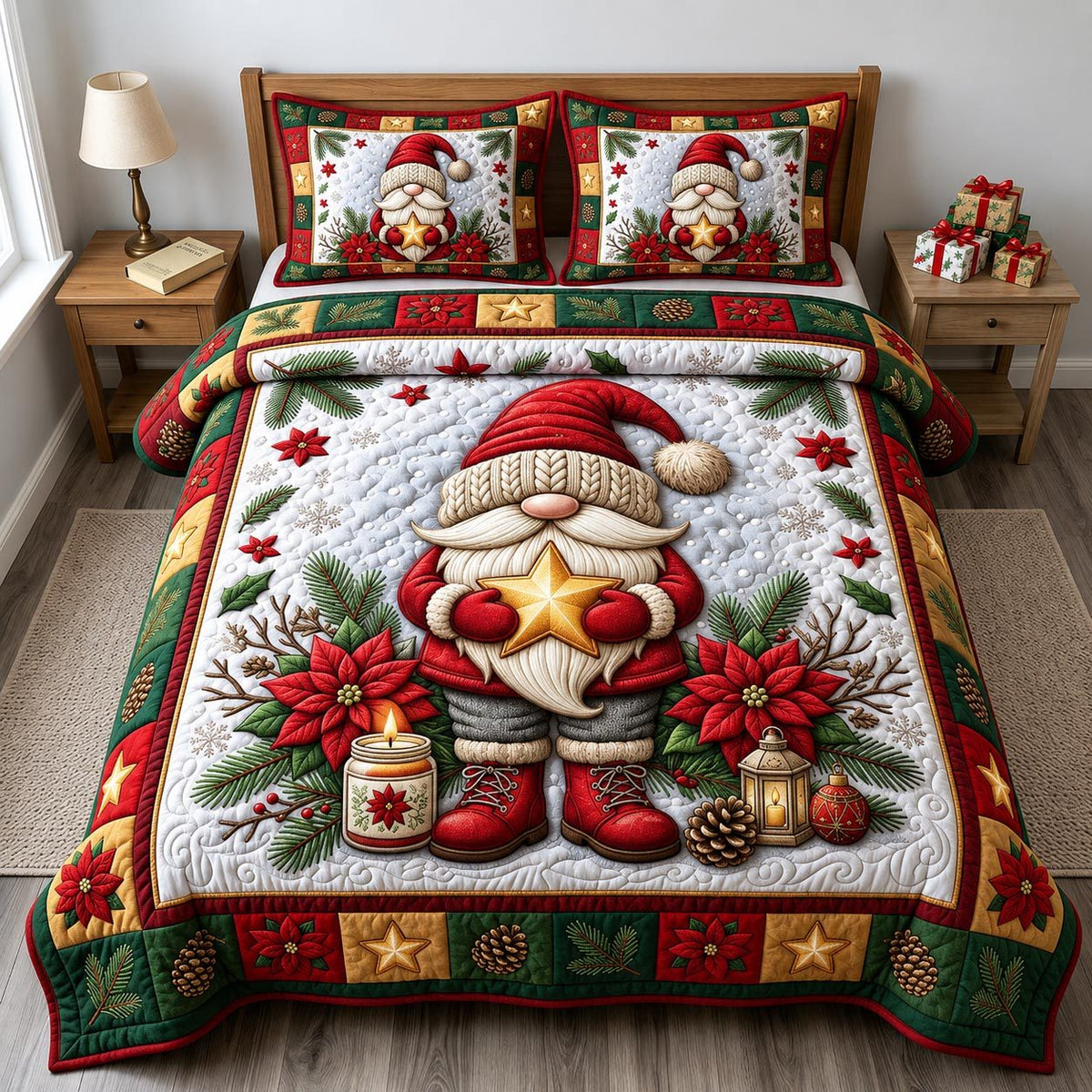 Christmas Gnome quilted 3-piece bedding set on a made bed in a winter-styled bedroom