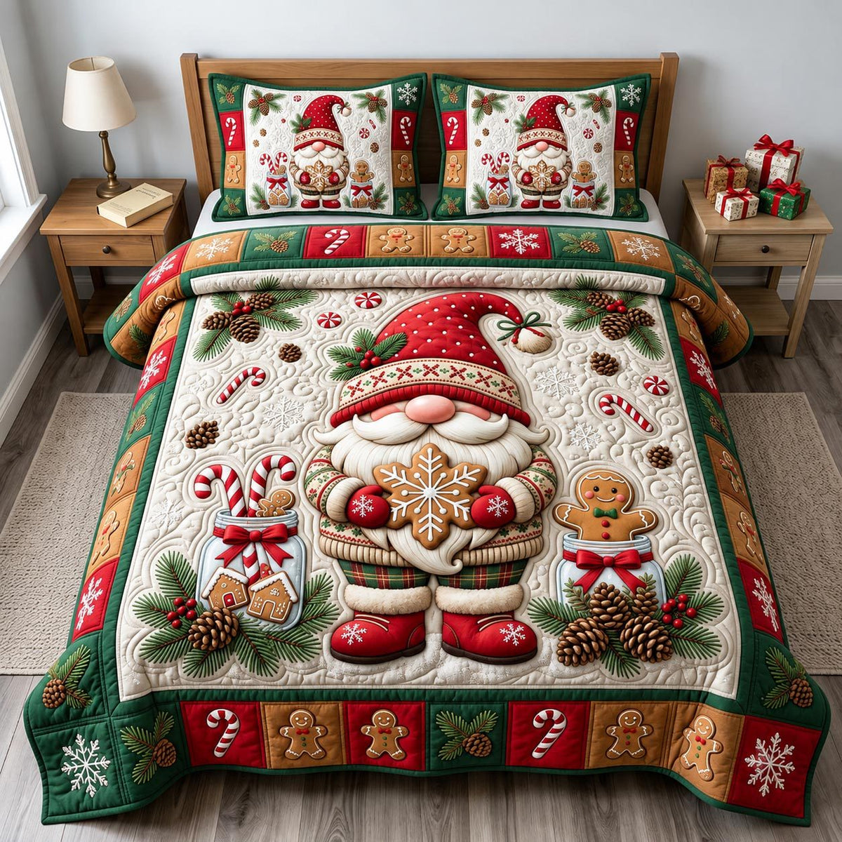 Christmas Gnome quilted 3-piece bedding set on a made bed in a winter-styled bedroom