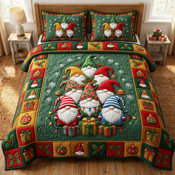 Christmas Gnome quilted 3-piece bedding set on a made bed in a winter-styled bedroom