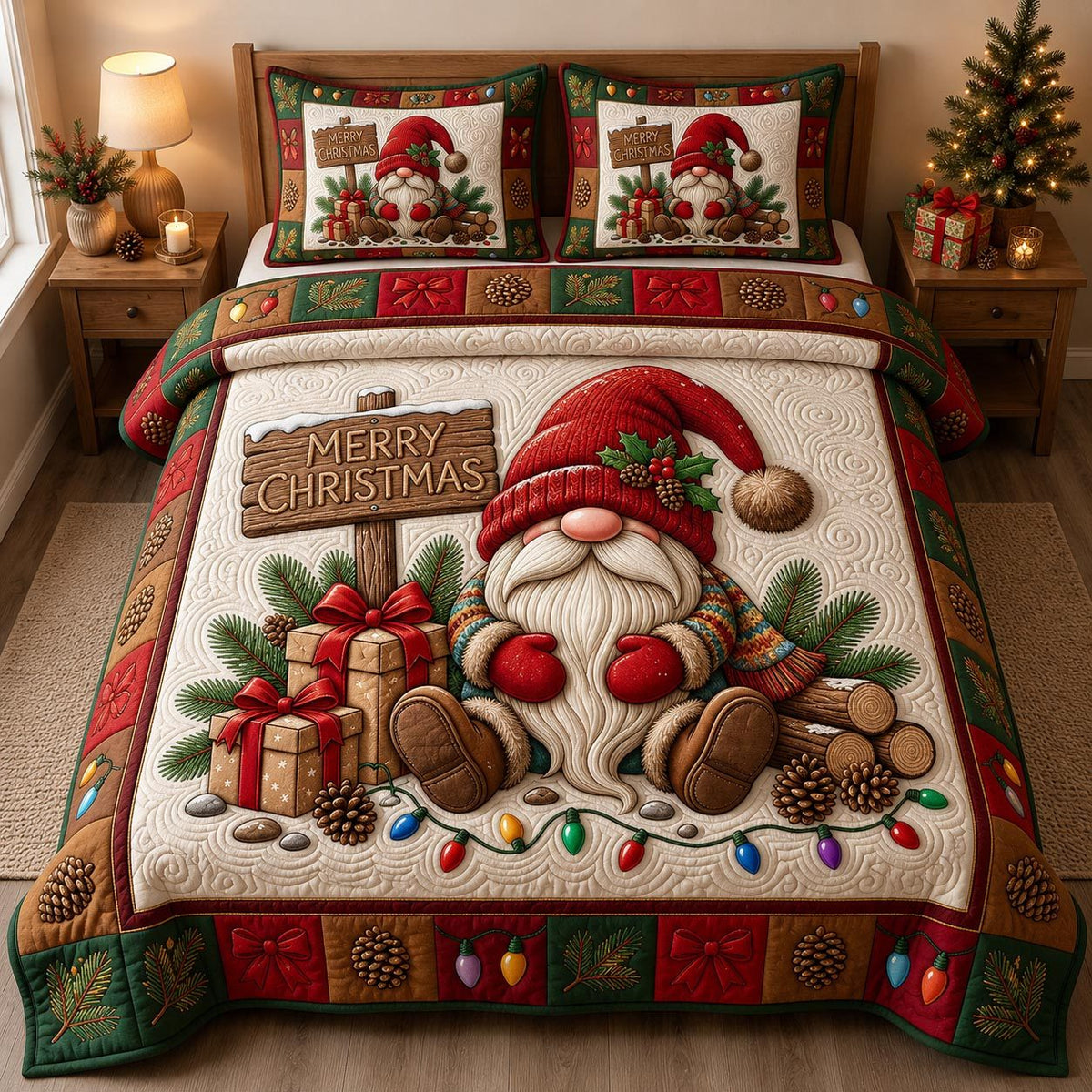 Christmas Gnome quilted 3-piece bedding set on a made bed in a winter-styled bedroom