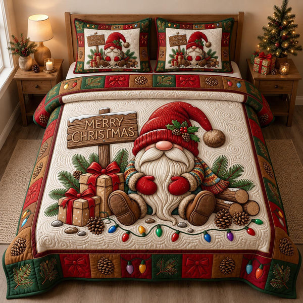 Christmas Gnome quilted 3-piece bedding set on a made bed in a winter-styled bedroom