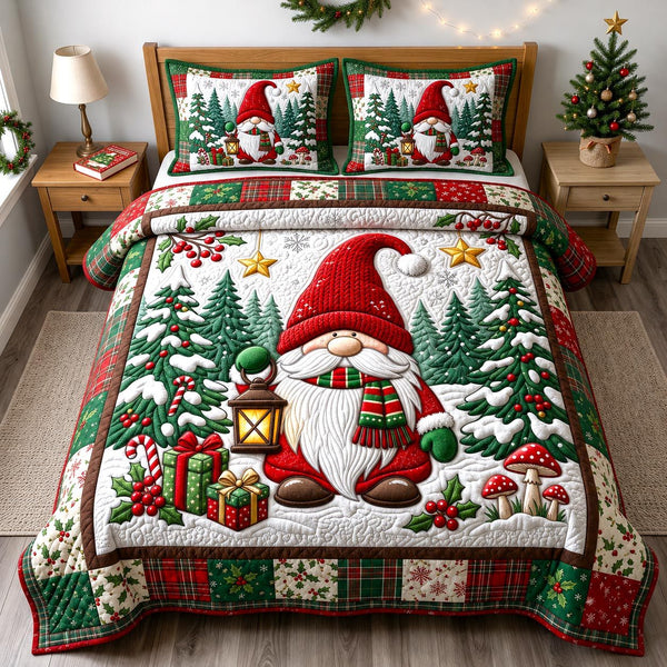 Christmas Gnome quilted 3-piece bedding set on a made bed in a winter-styled bedroom