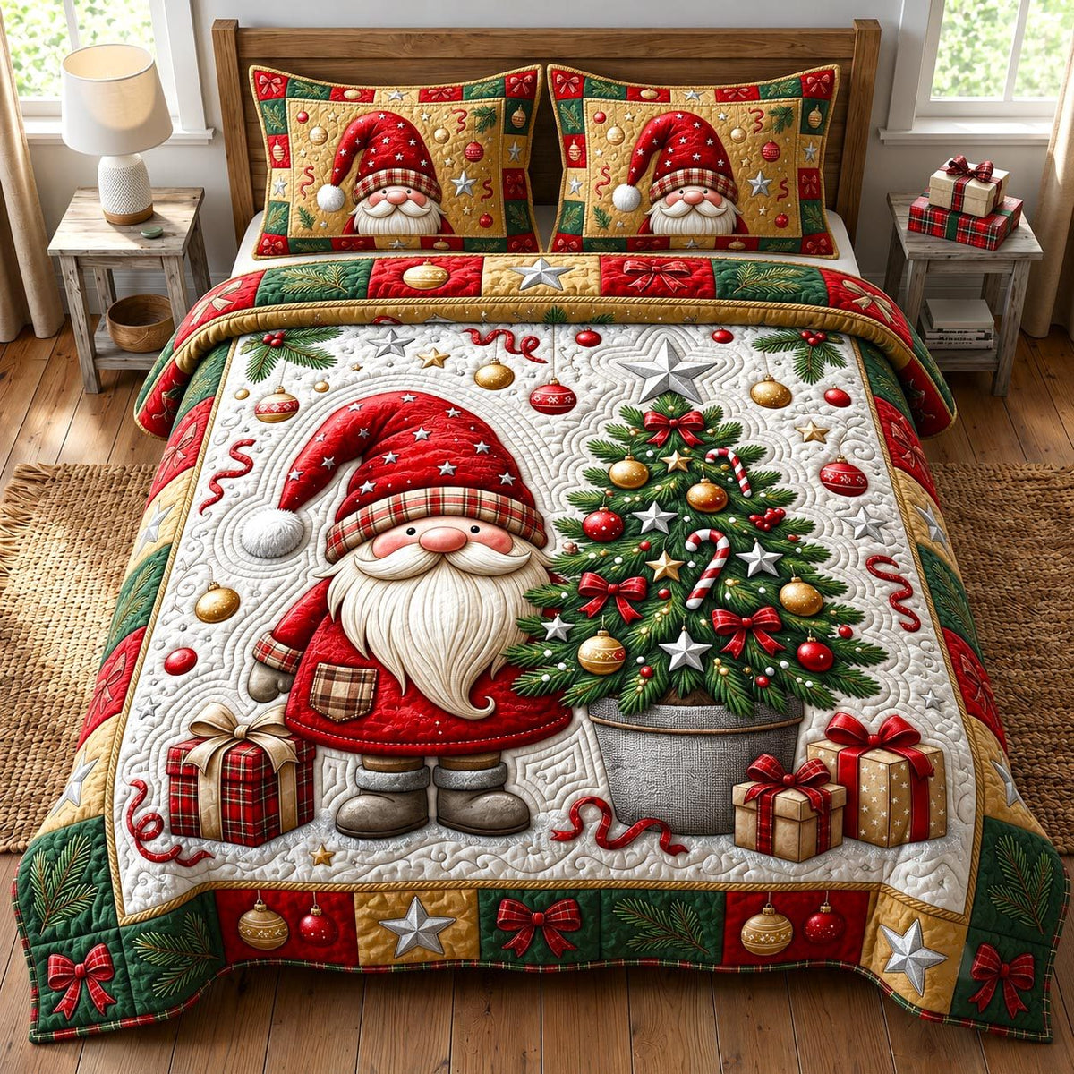 Christmas Gnome quilted 3-piece bedding set on a made bed in a winter-styled bedroom