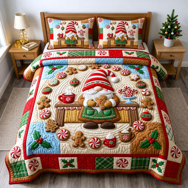 Christmas Gnome quilted 3-piece bedding set on a made bed in a winter-styled bedroom