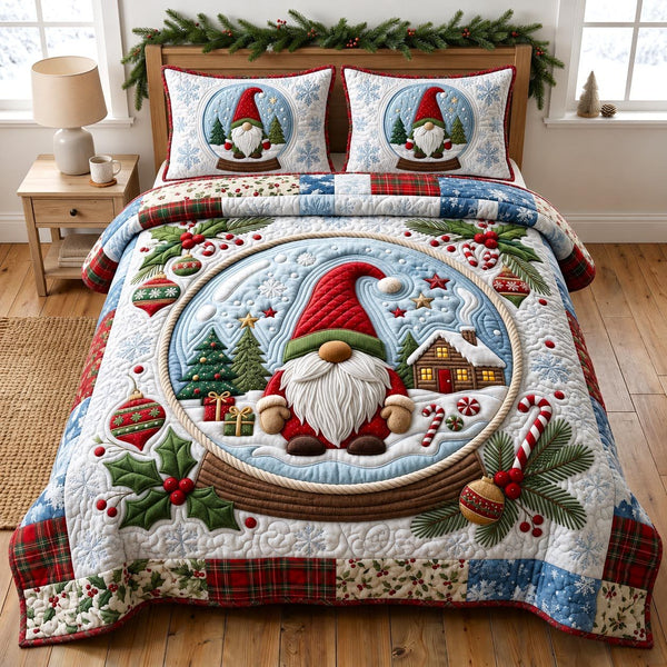 Christmas Gnome quilted 3-piece bedding set on a made bed in a winter-styled bedroom
