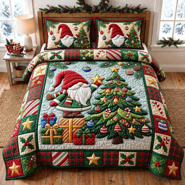 Christmas Gnome quilted 3-piece bedding set on a made bed in a winter-styled bedroom