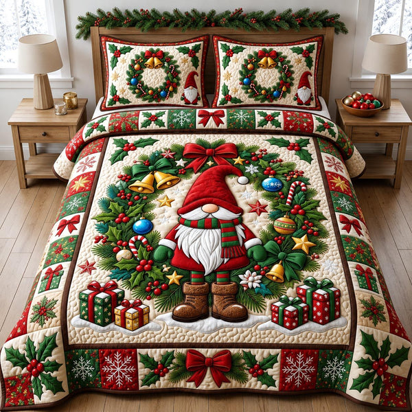 Christmas Gnome quilted 3-piece bedding set on a made bed in a winter-styled bedroom