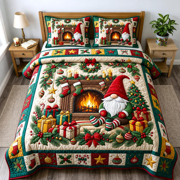 Christmas Gnome quilted 3-piece bedding set on a made bed in a winter-styled bedroom