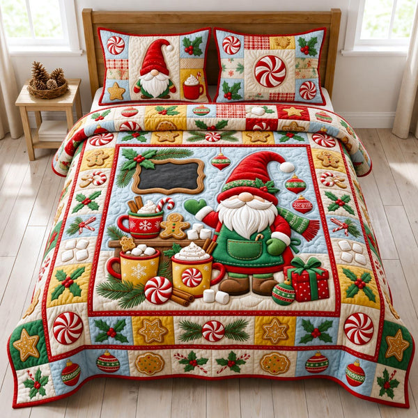 Christmas Gnome quilted 3-piece bedding set on a made bed in a winter-styled bedroom