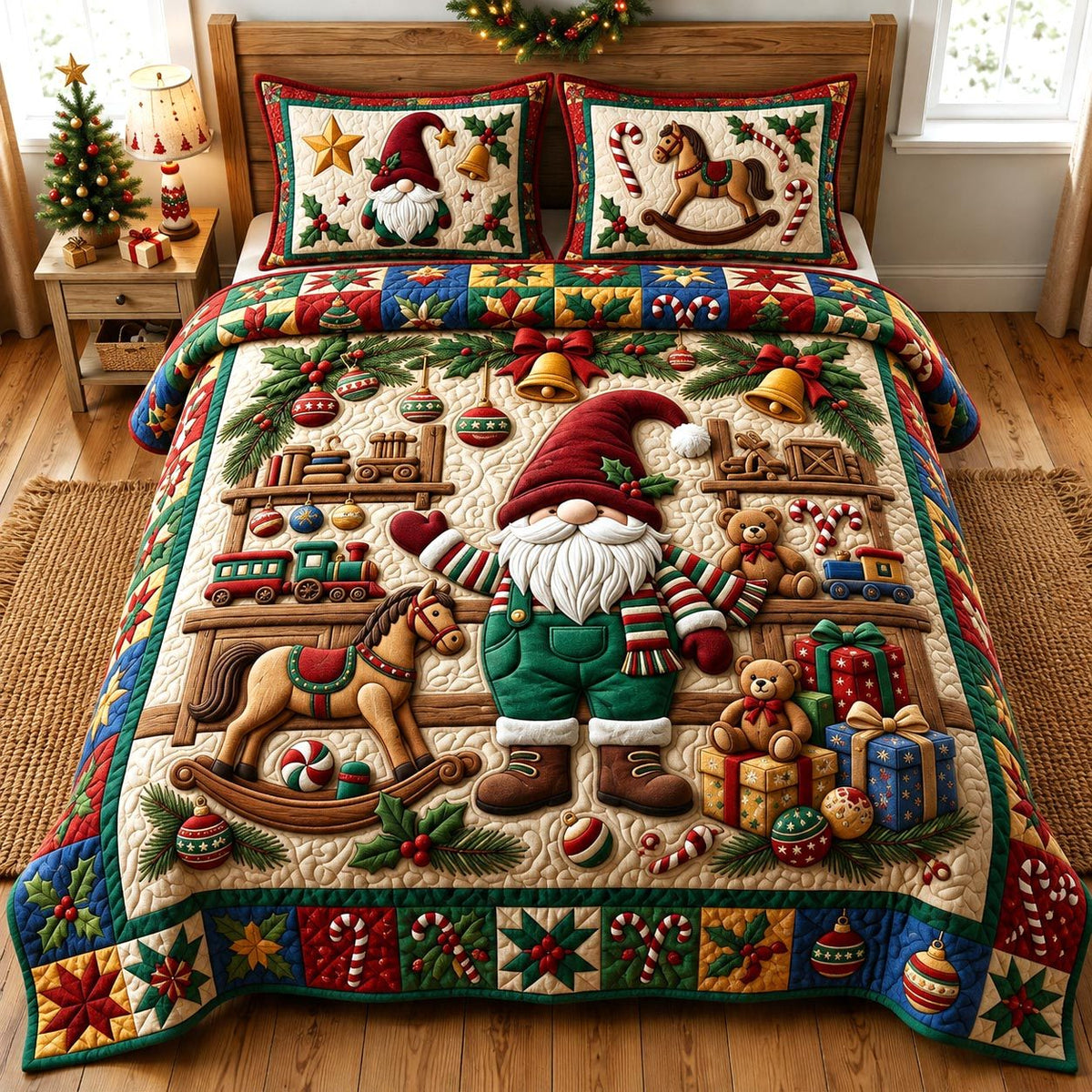 Christmas Gnome quilted 3-piece bedding set on a made bed in a winter-styled bedroom