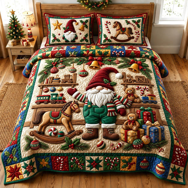 Christmas Gnome quilted 3-piece bedding set on a made bed in a winter-styled bedroom