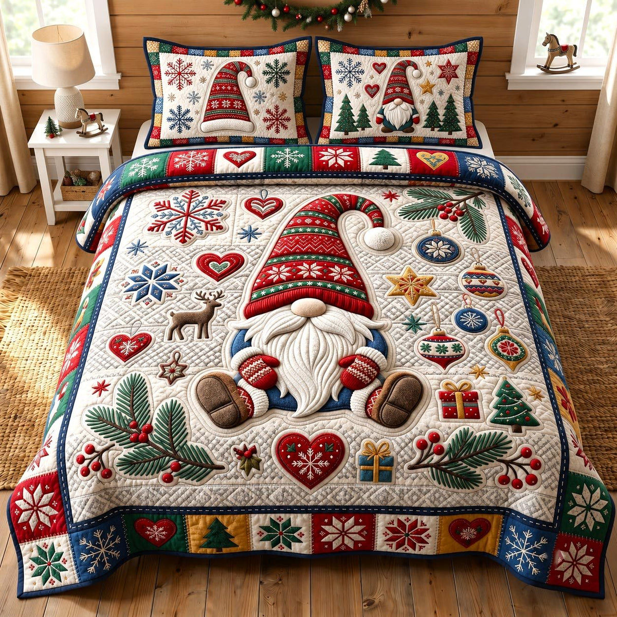 Christmas Gnome quilted 3-piece bedding set on a made bed in a winter-styled bedroom