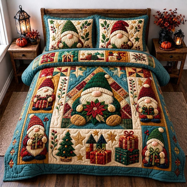 Christmas Gnomes Cheer quilted 3-piece bedding set on a made bed in a winter-styled bedroom