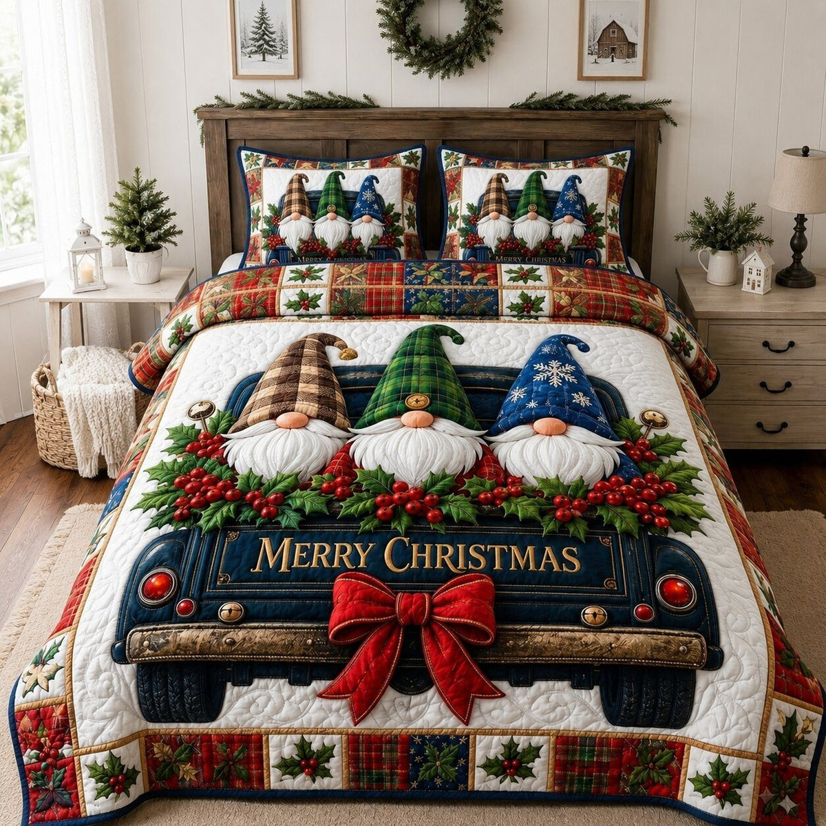 Christmas Gnomes Holiday quilted 3-piece bedding set on a made bed in a winter-styled bedroom