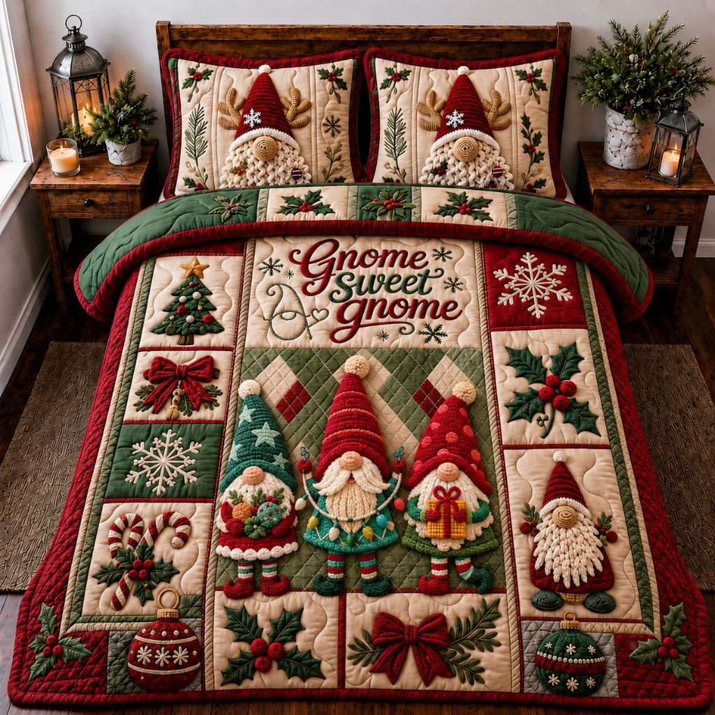 Christmas Gnomes Journey quilted 3-piece bedding set on a made bed in a winter-styled bedroom