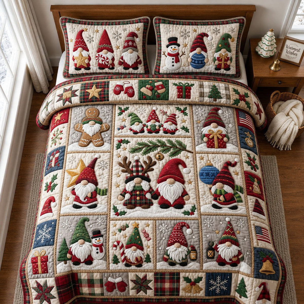 Christmas Gnomes quilted 3-piece bedding set on a made bed in a winter-styled bedroom