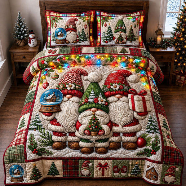 Christmas Gnomes Trio quilted 3-piece bedding set on a made bed in a winter-styled bedroom