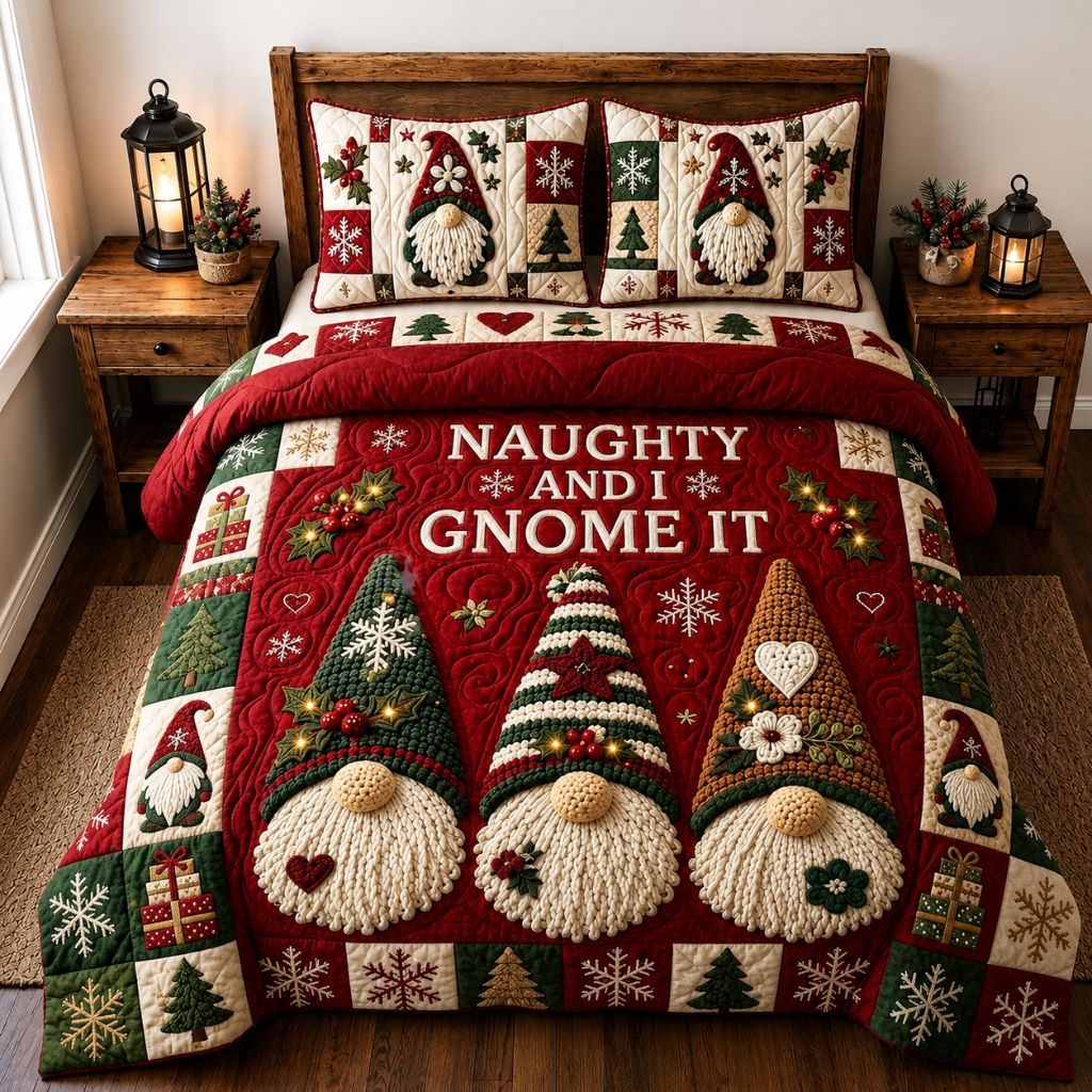Christmas Gnomes Wishes quilted 3-piece bedding set on a made bed in a winter-styled bedroom