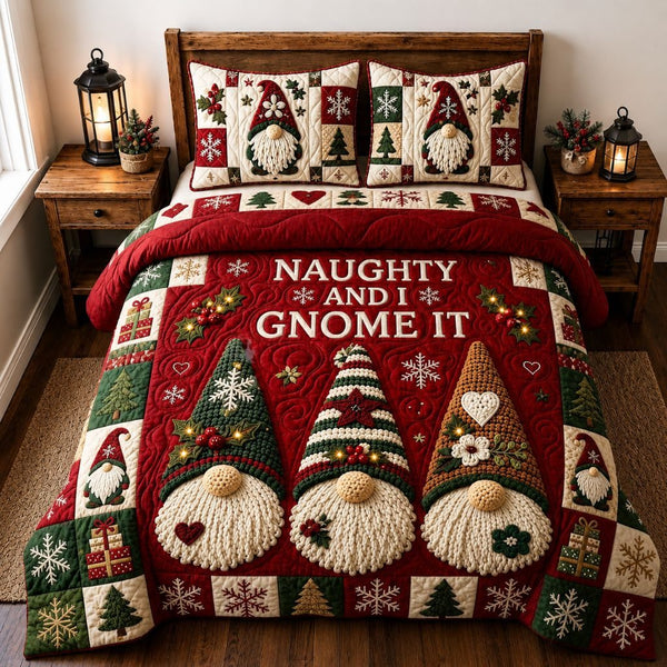 Christmas Gnomes Wishes quilted 3-piece bedding set on a made bed in a winter-styled bedroom