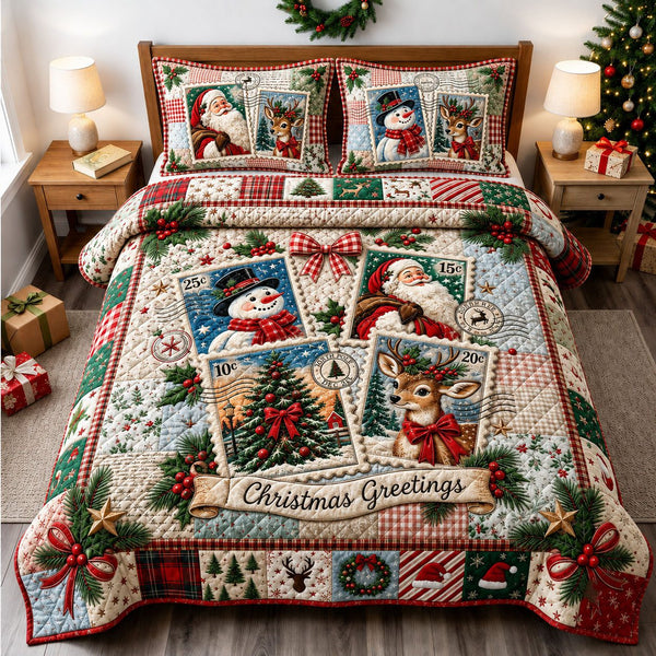 Christmas Greetings quilted 3-piece bedding set on a made bed in a winter-styled bedroom