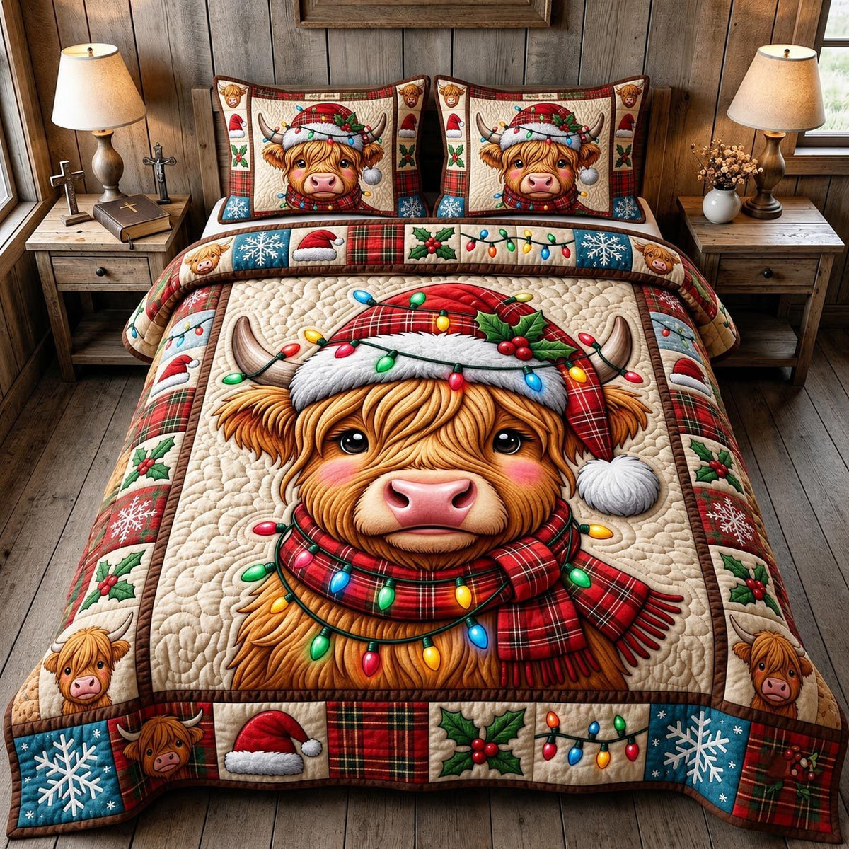 Christmas Highland Cow quilted 3-piece bedding set on a made bed in a winter-styled bedroom