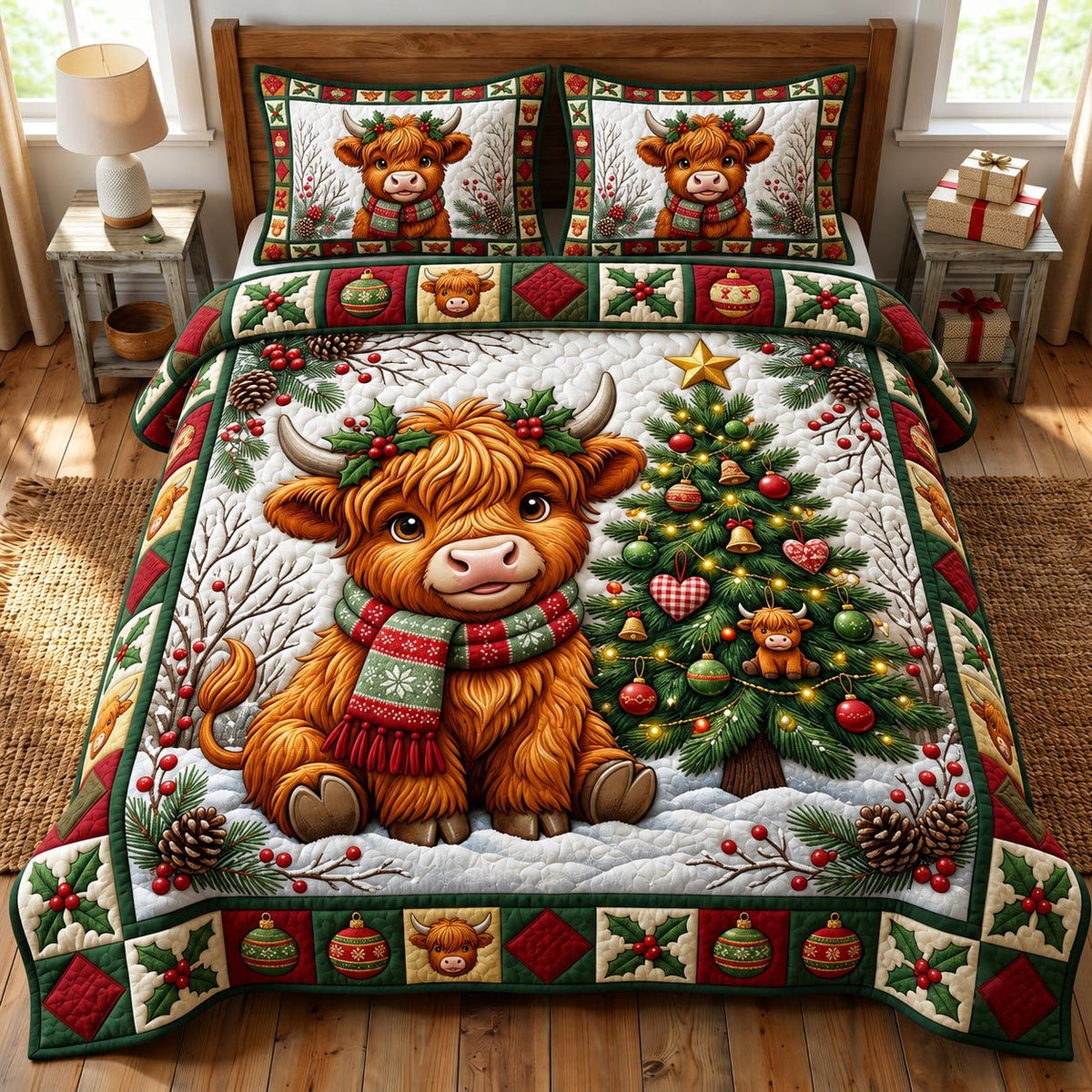 Christmas Highland Cow quilted 3-piece bedding set on a made bed in a winter-styled bedroom