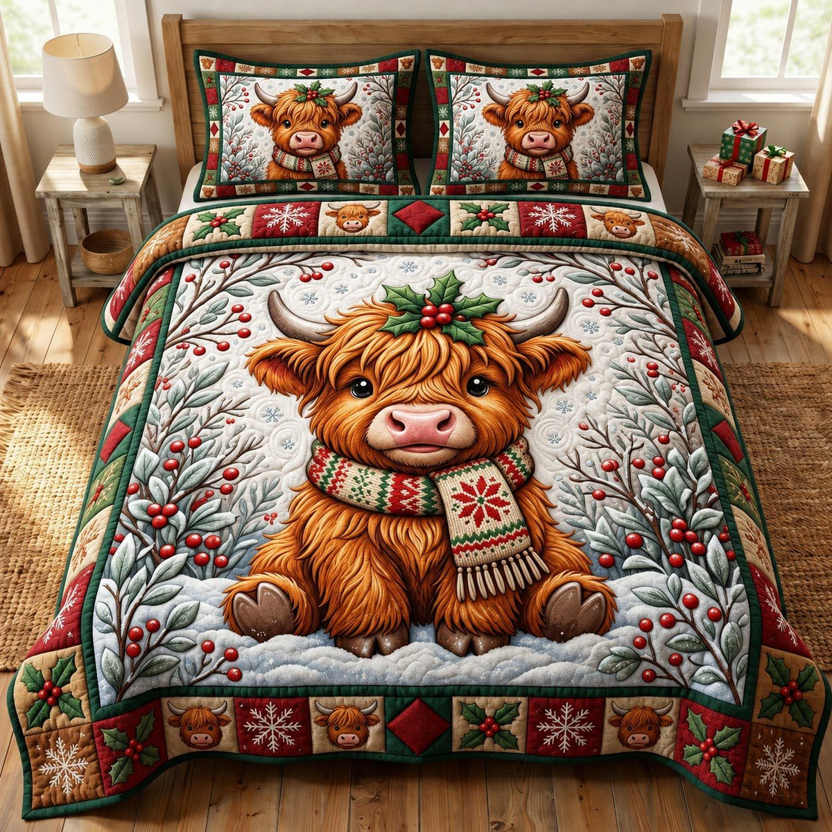 Christmas Highland Cow quilted 3-piece bedding set on a made bed in a winter-styled bedroom