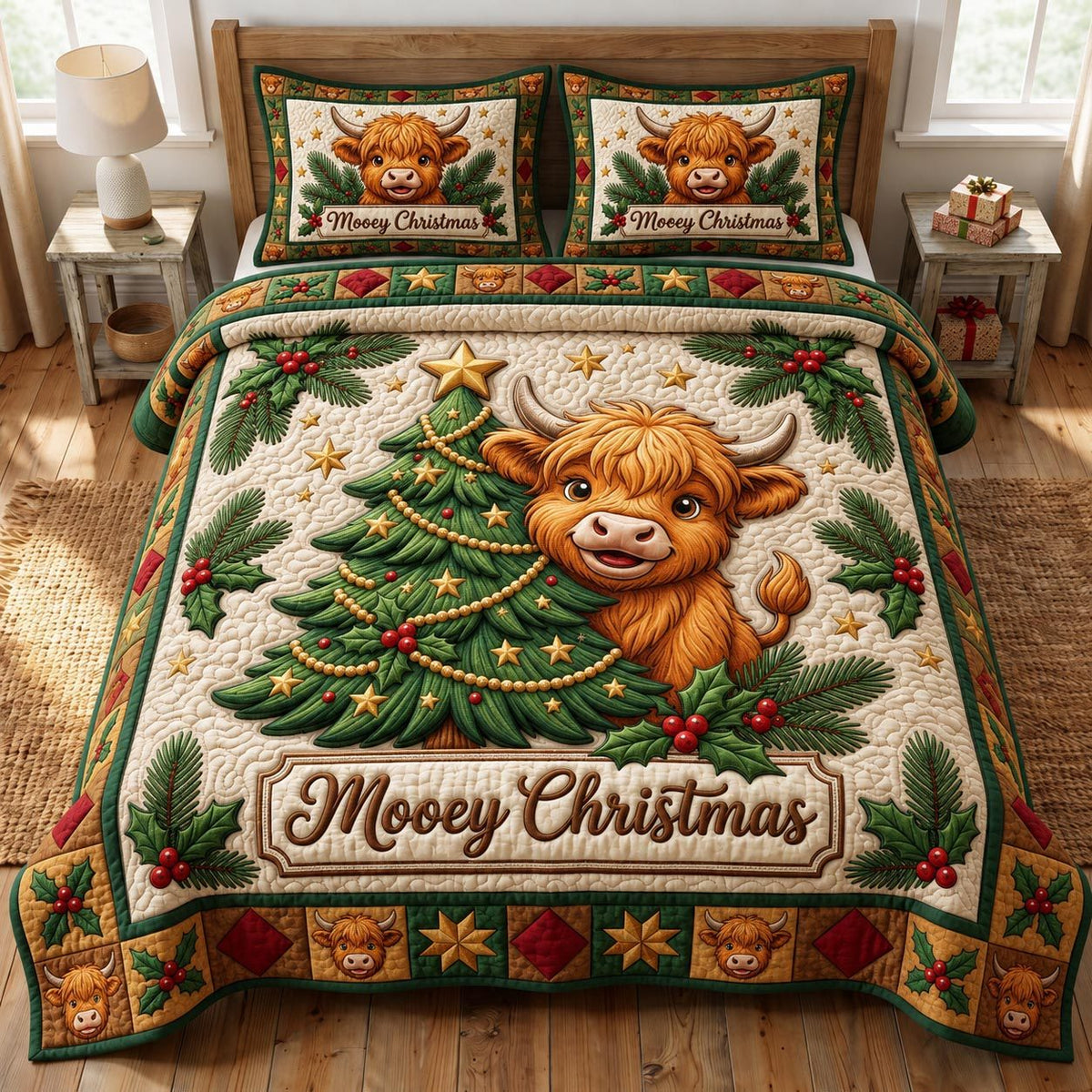 Christmas Highland Cow quilted 3-piece bedding set on a made bed in a winter-styled bedroom