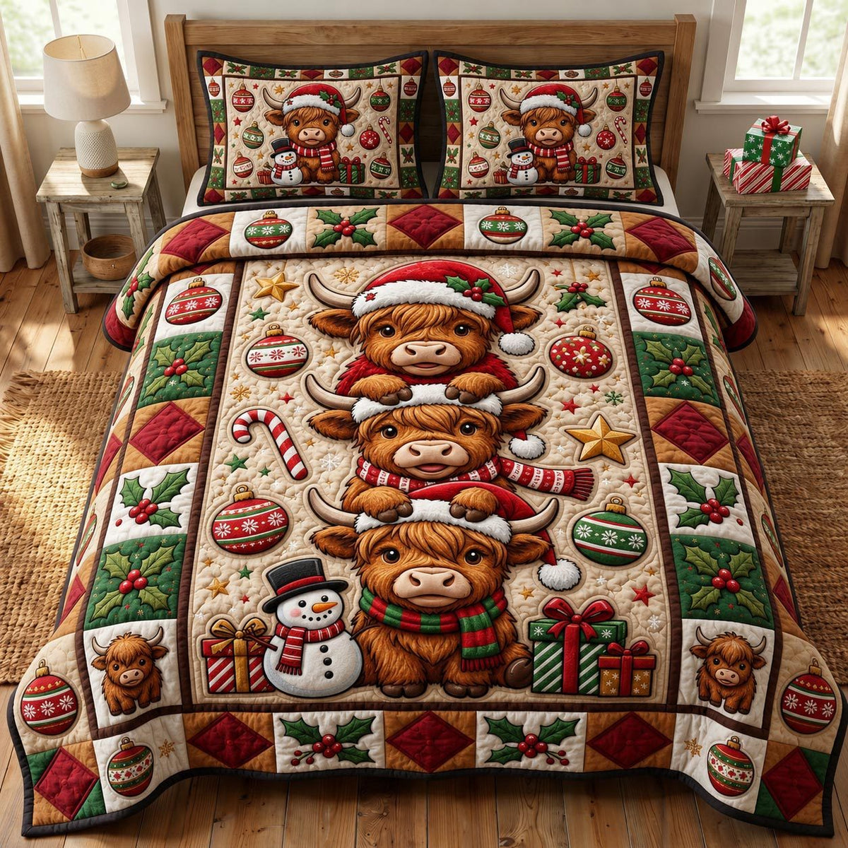 Christmas Highland Cow quilted 3-piece bedding set on a made bed in a winter-styled bedroom