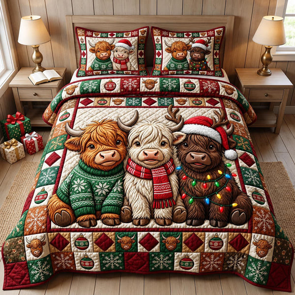 Christmas Highland Cow quilted 3-piece bedding set on a made bed in a winter-styled bedroom