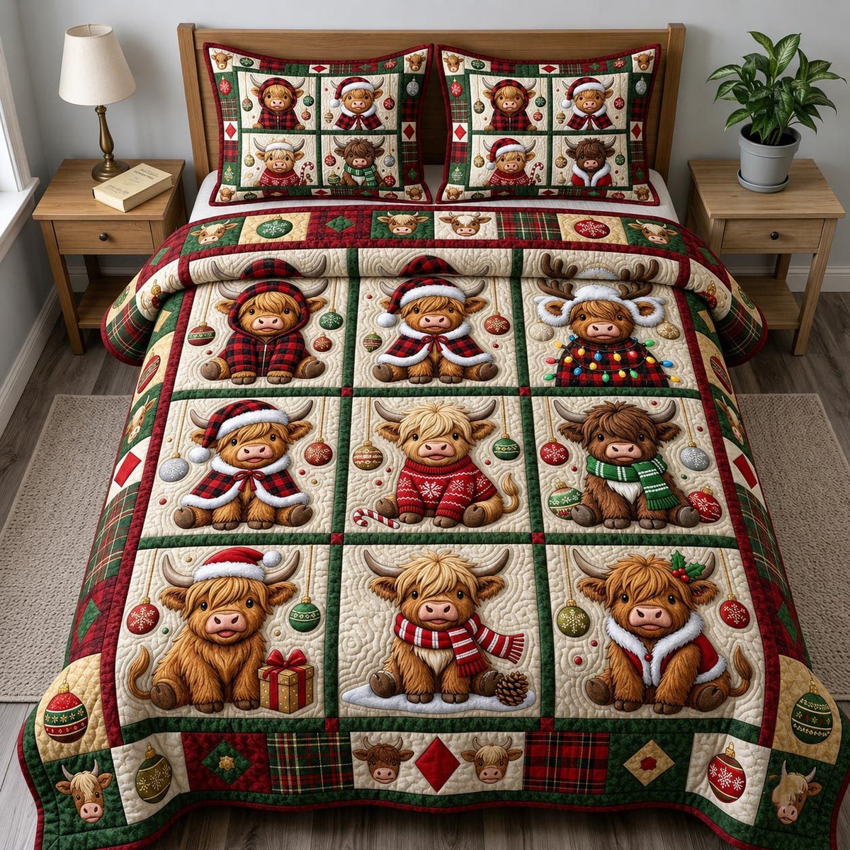 Christmas Highland Cow quilted 3-piece bedding set on a made bed in a winter-styled bedroom