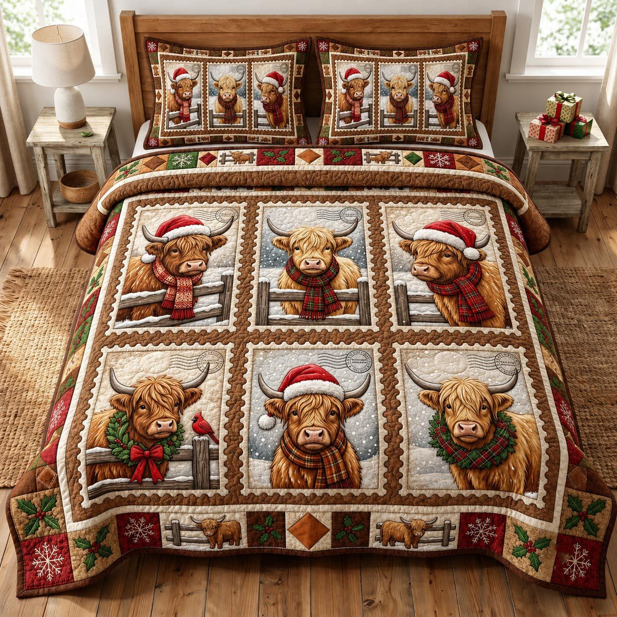 Christmas Highland Cow quilted 3-piece bedding set on a made bed in a winter-styled bedroom