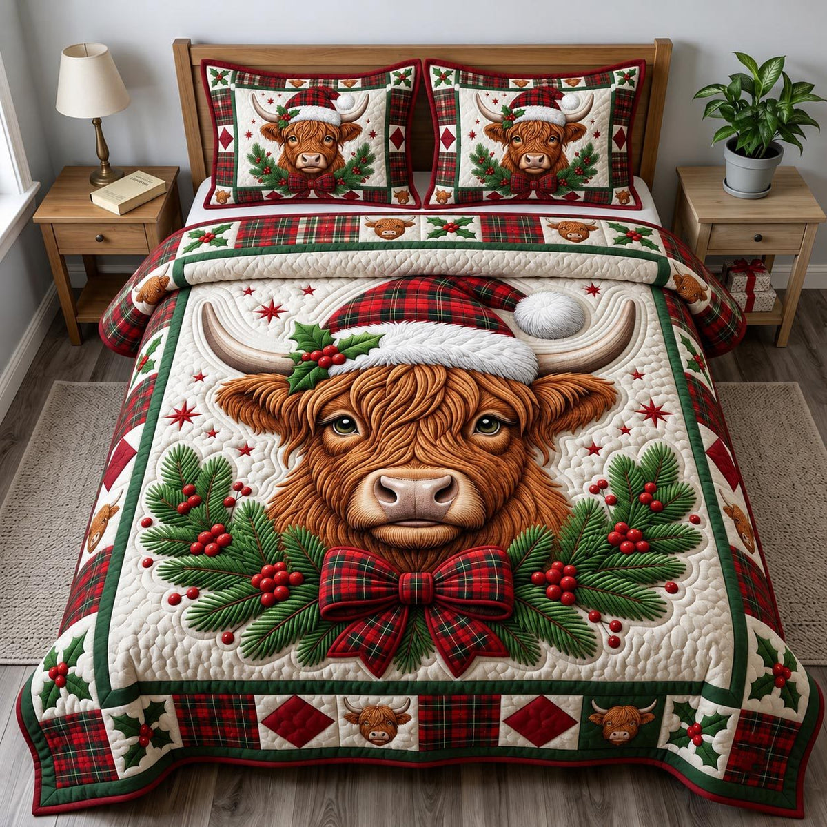 Christmas Highland Cow quilted 3-piece bedding set on a made bed in a winter-styled bedroom