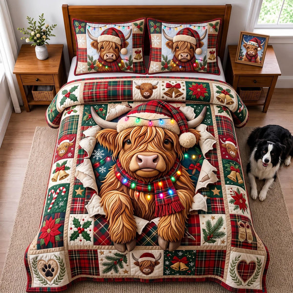 Christmas Highland quilted 3-piece bedding set on a made bed in a winter-styled bedroom