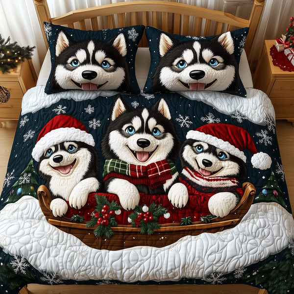 Christmas Husky Delight quilted 3-piece bedding set on a made bed in a winter-styled bedroom