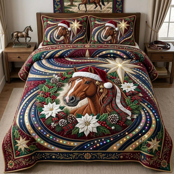 Christmas Jewel Horse quilted 3-piece bedding set on a made bed in a winter-styled bedroom