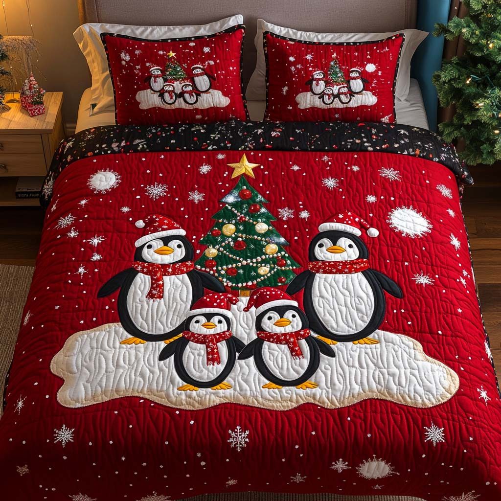 Christmas Joy quilted 3-piece bedding set on a made bed in a winter-styled bedroom