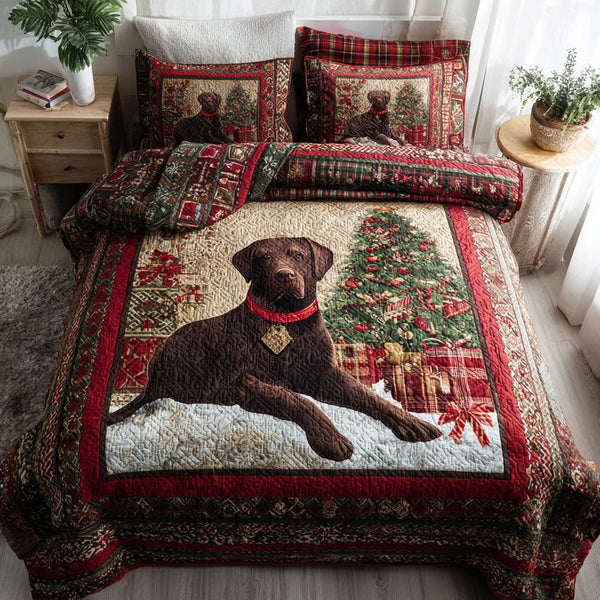 Christmas Labrador Retriever quilted 3-piece bedding set on a made bed in a winter-styled bedroom