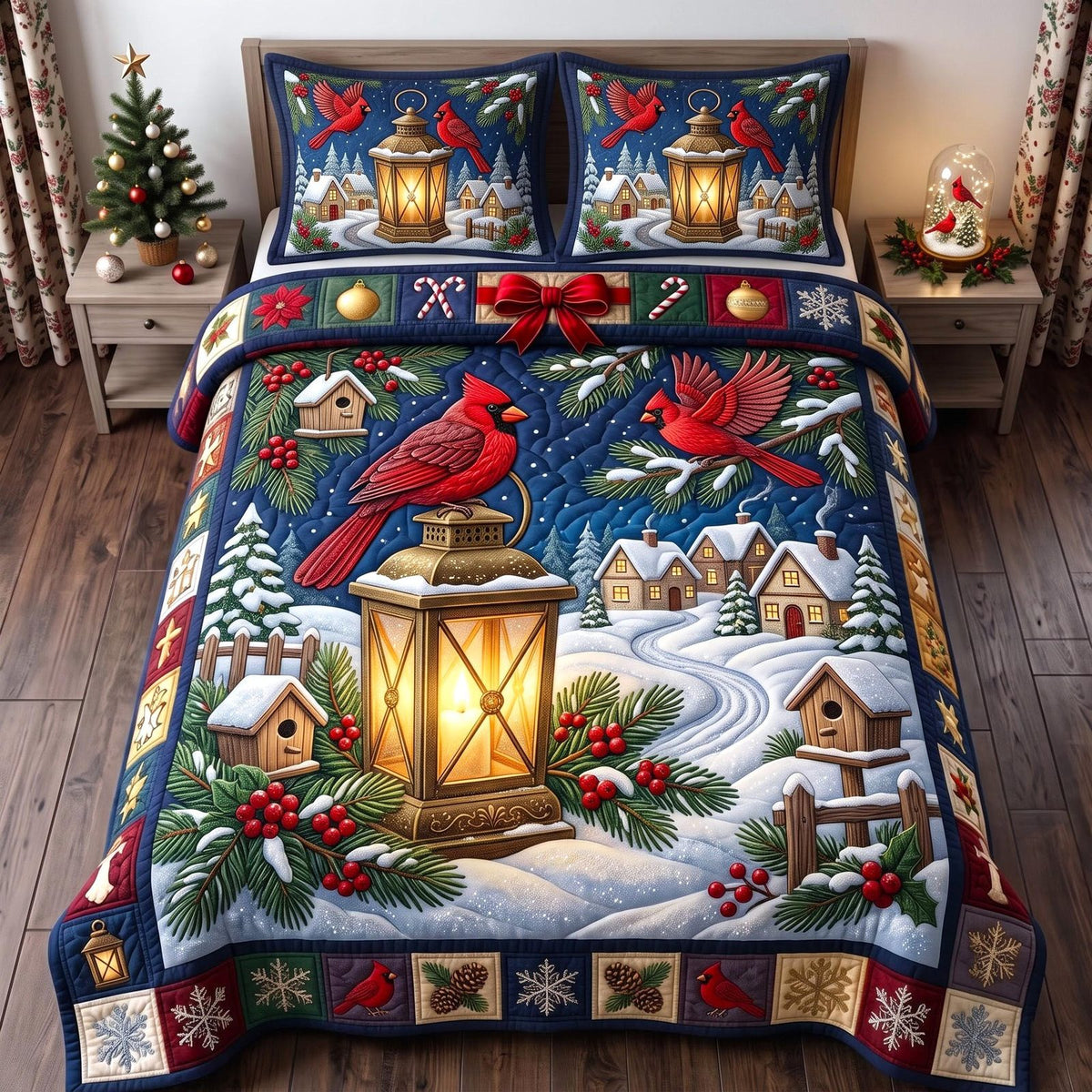 Christmas Lantern quilted 3-piece bedding set on a made bed in a winter-styled bedroom