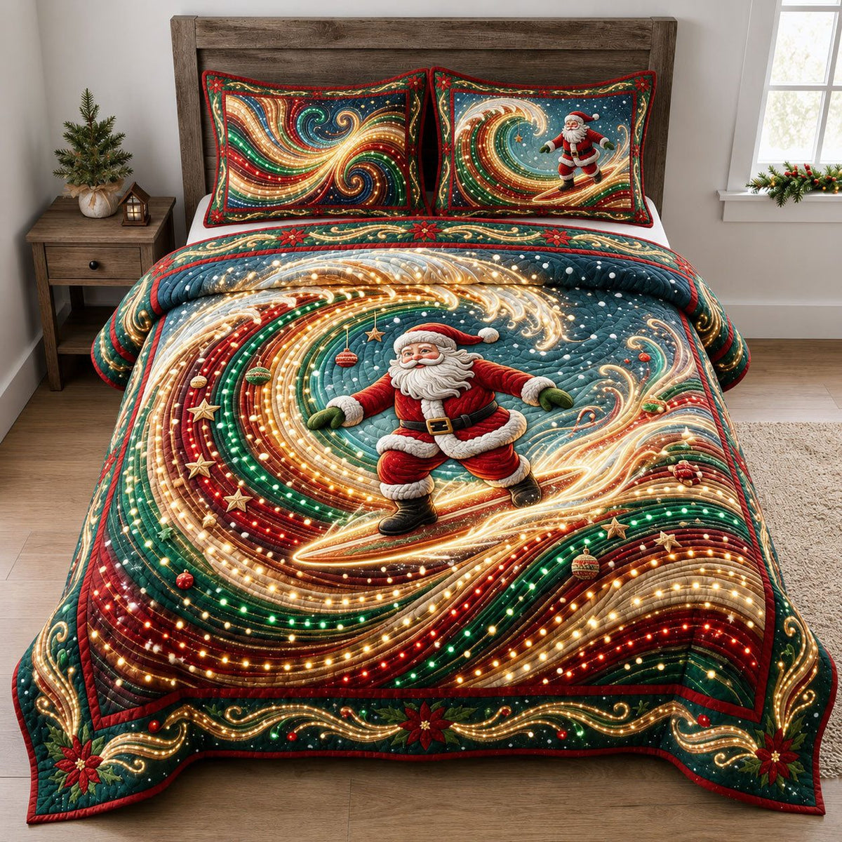 Christmas Light Wave quilted 3-piece bedding set on a made bed in a winter-styled bedroom