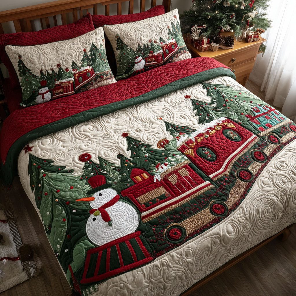 Christmas Locomotion quilted 3-piece bedding set on a made bed in a winter-styled bedroom