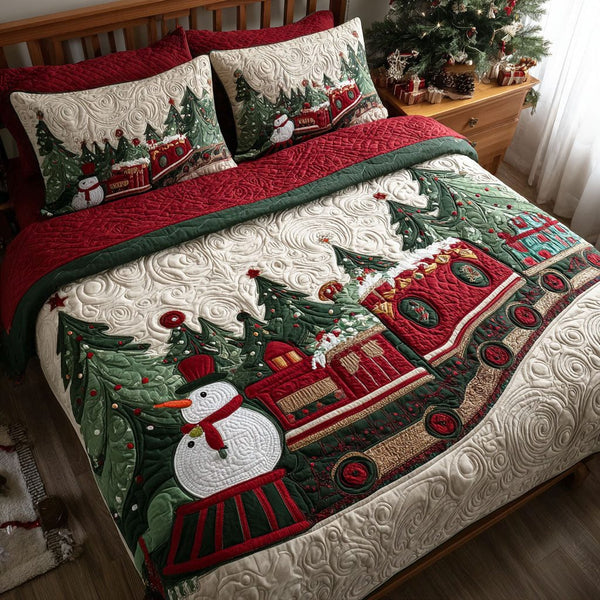 Christmas Locomotion quilted 3-piece bedding set on a made bed in a winter-styled bedroom