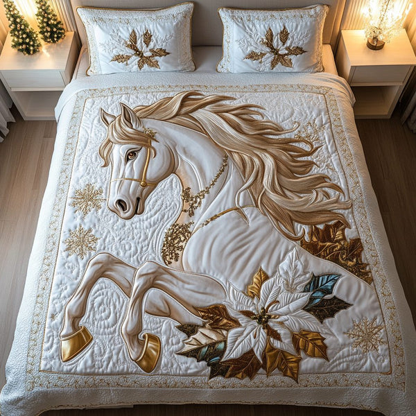Christmas Luxe Escape quilted 3-piece bedding set on a made bed in a winter-styled bedroom