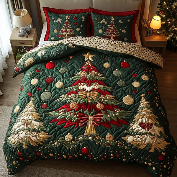 Christmas Magic quilted 3-piece bedding set on a made bed in a winter-styled bedroom
