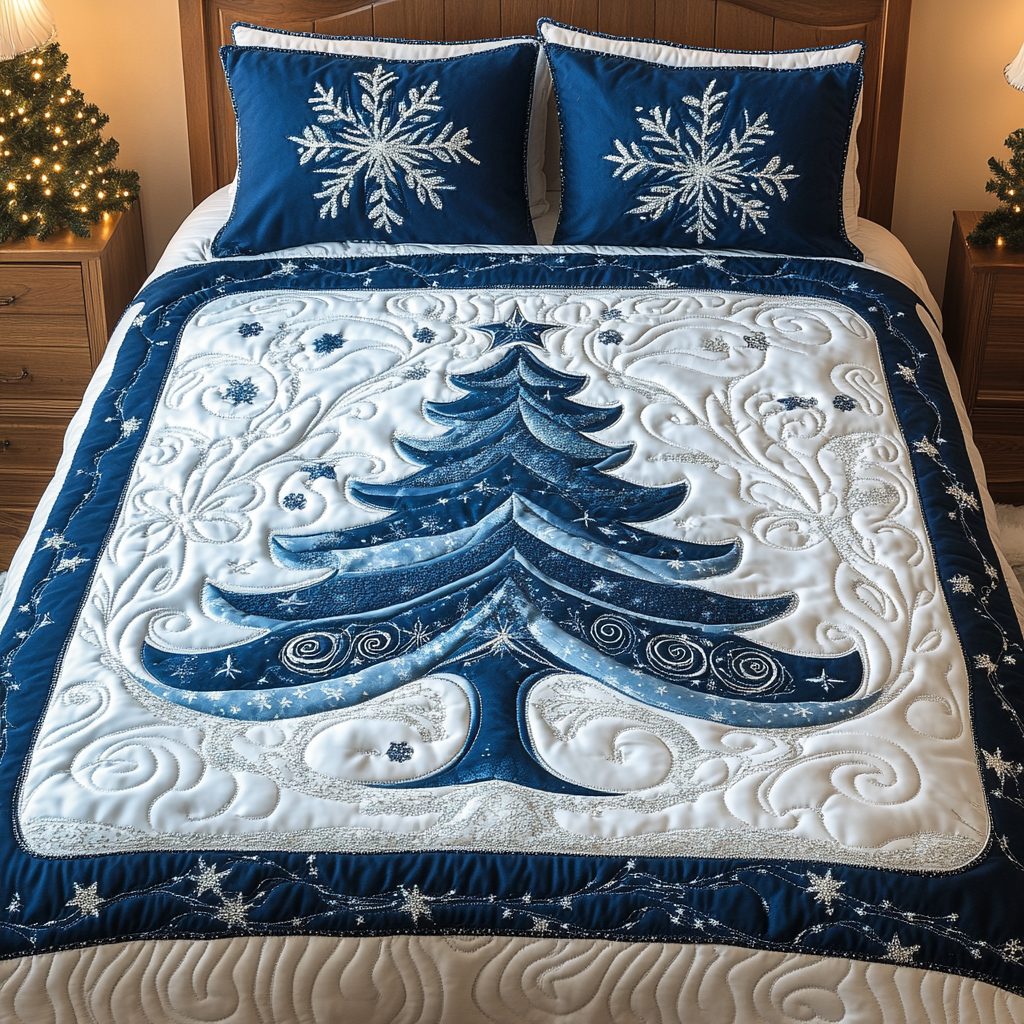 Christmas Magic Tree quilted 3-piece bedding set on a made bed in a winter-styled bedroom
