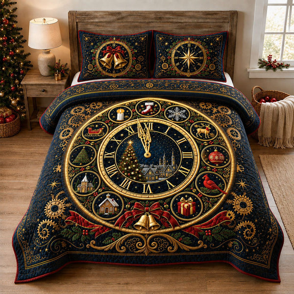Christmas Midnight Countdown quilted 3-piece bedding set on a made bed in a winter-styled bedroom
