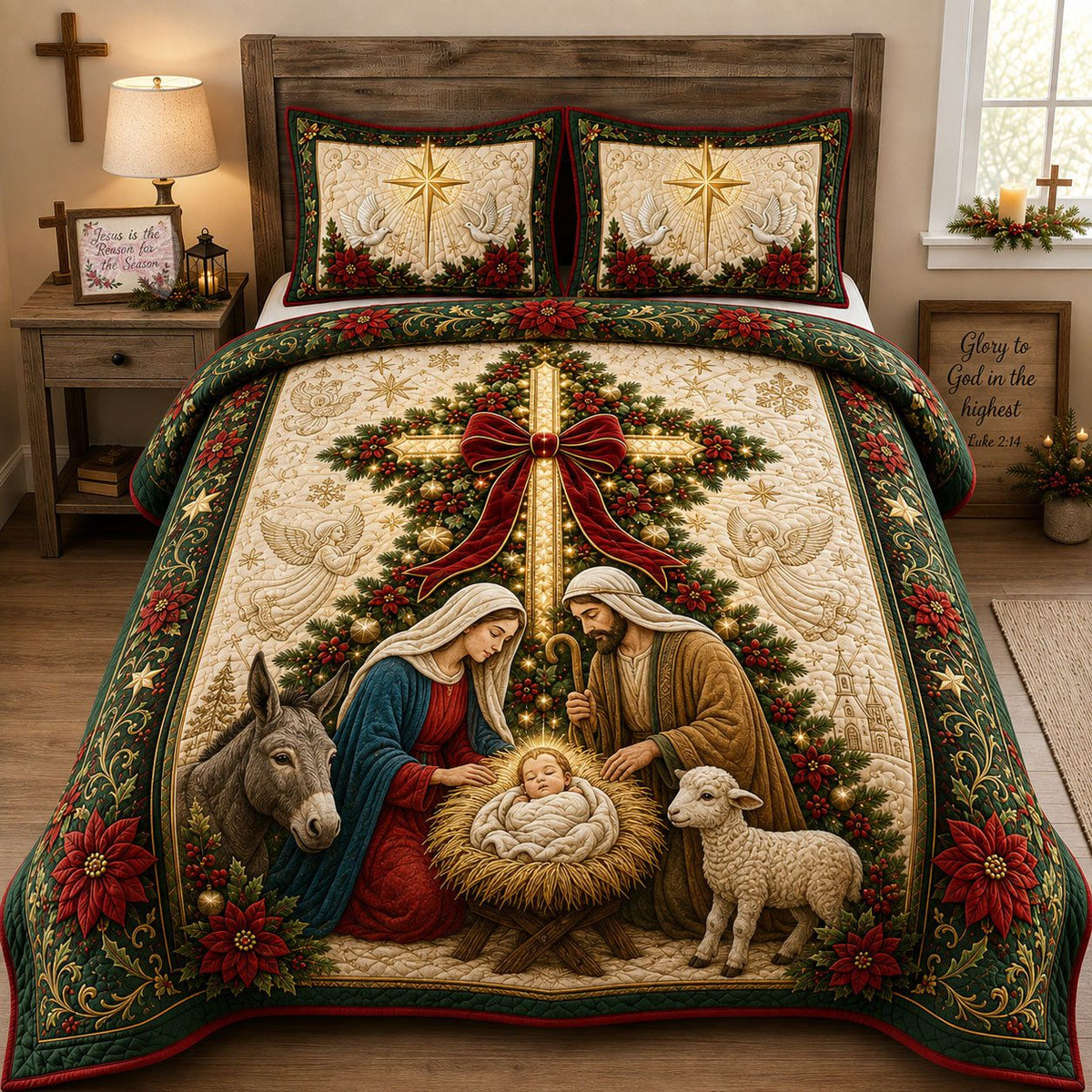 Christmas Nativity Cross quilted 3-piece bedding set on a made bed in a winter-styled bedroom