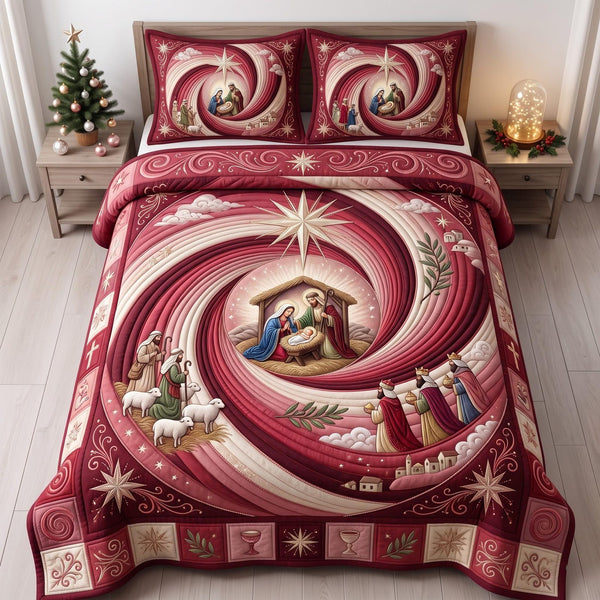 Christmas Nativity quilted 3-piece bedding set on a made bed in a winter-styled bedroom